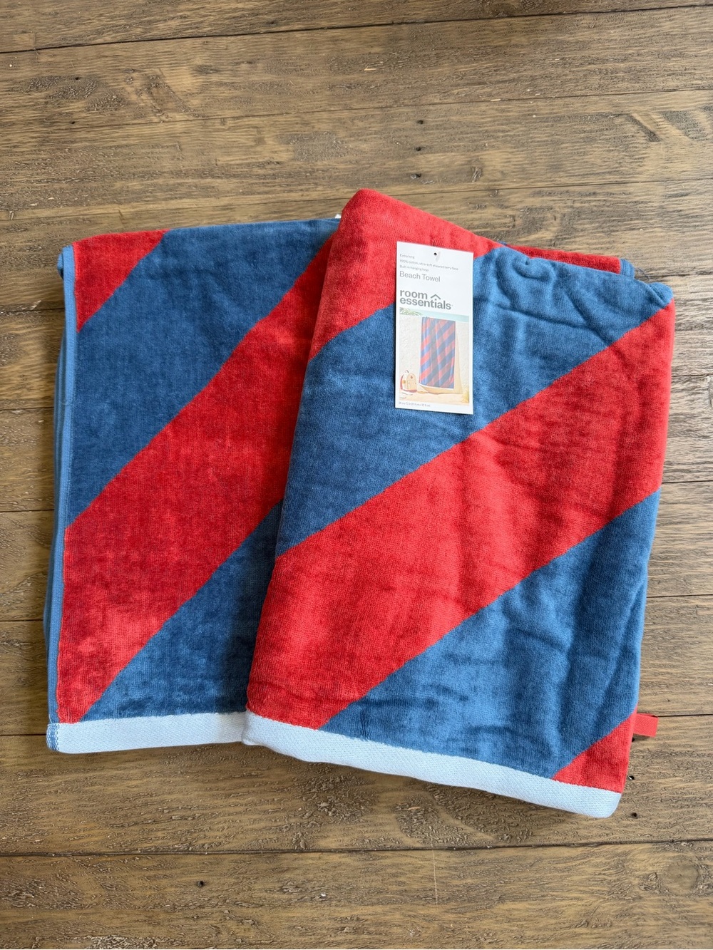 Room Essentials Beach Towel 36x72 100% Cotton Stripe Blue/Red w/ Loop 2pc set